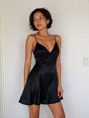 Maniju Satin Wrap Slip Dress Navy Small NWT
